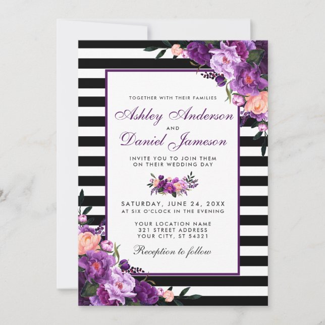 Invitación Boda de rayas negras violetas moradas (Anverso)