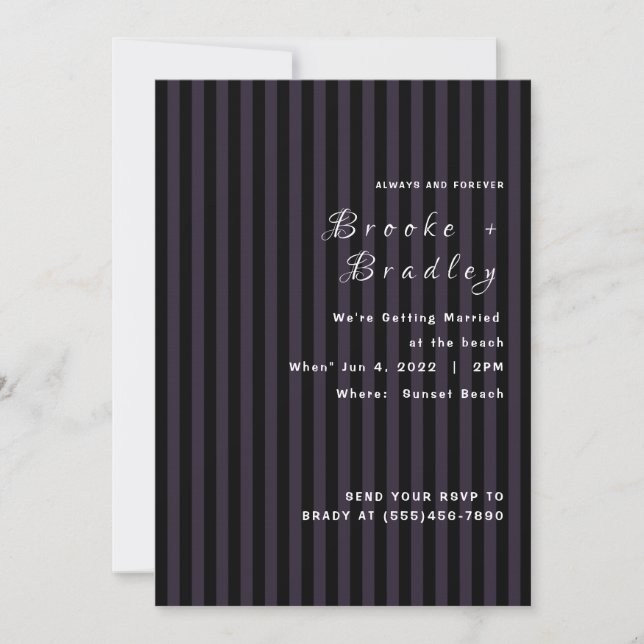 Invitación Boda de rayas negras y moradas oscuras (Anverso)