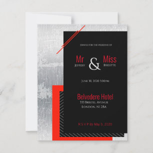 Invitación Boda de rayas rojas, negras, grises y blancas 