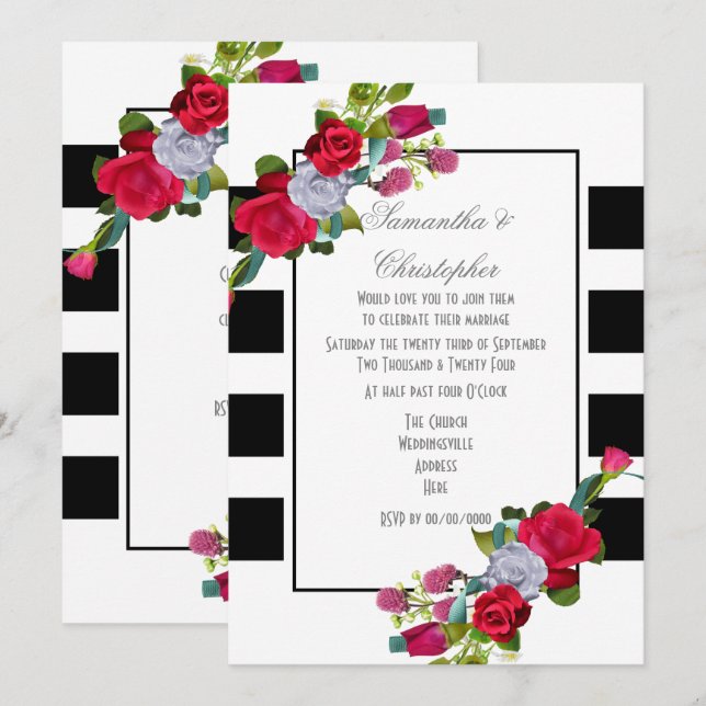 Invitación Boda de rayas rojas y negras (Anverso / Reverso)