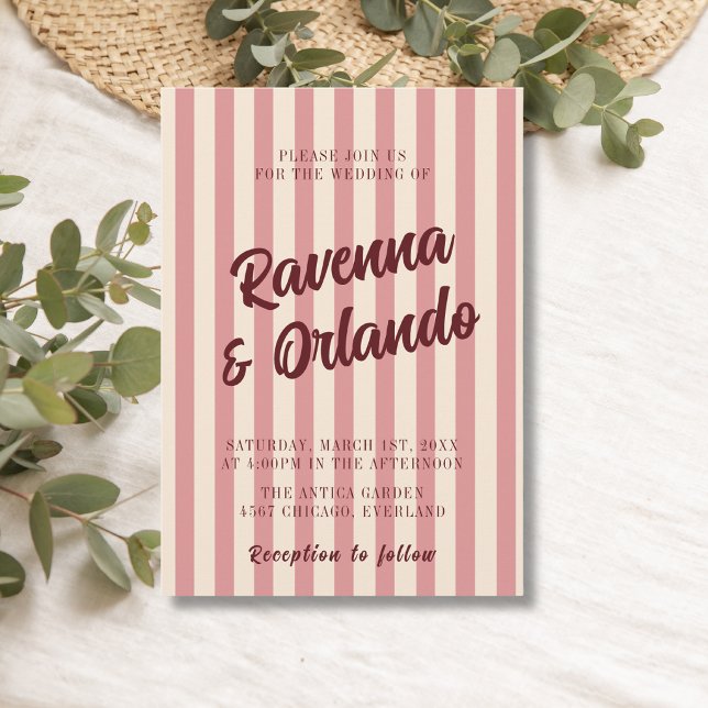 Invitación Boda de rayas rosadas retro de Borgoña (Subido por el creador)