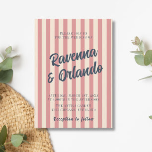 Invitación Boda de rayas rosadas y azul marino retro