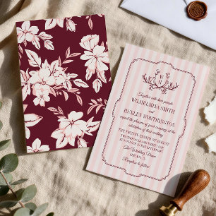 Invitación Boda de rayas rosadas y follaje con monograma en b