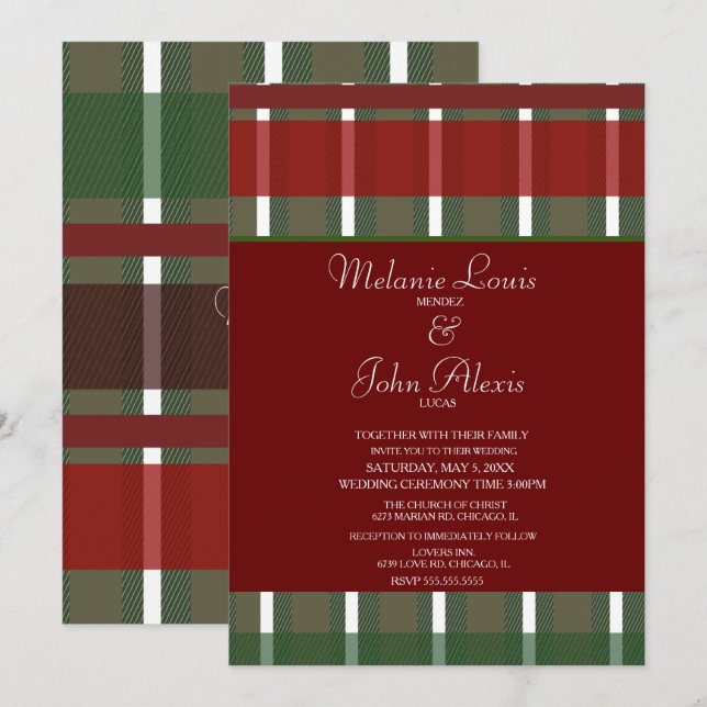 Invitación Boda de rayas verdes y blancas de Borgoña moderna (Anverso / Reverso)