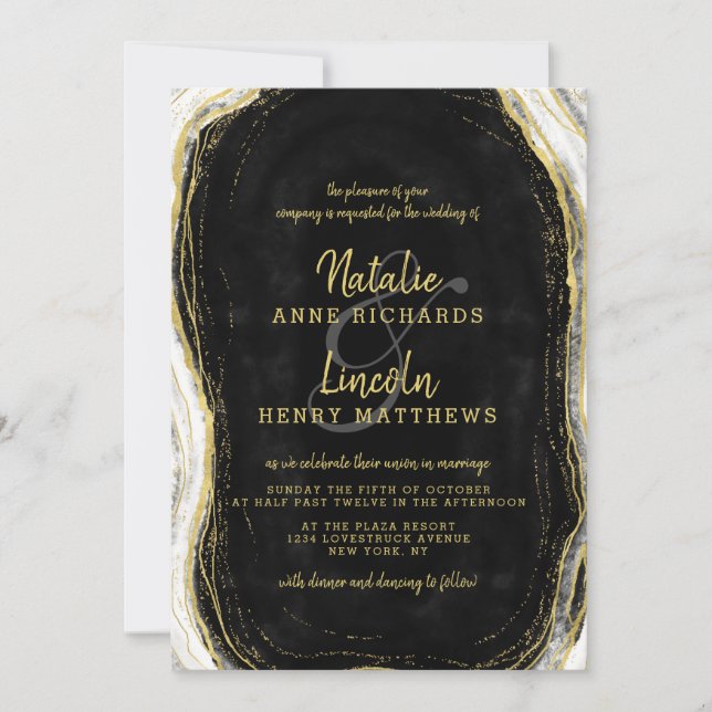 Invitación Boda de rebanada de ácidos de geodo negro blanco y (Anverso)