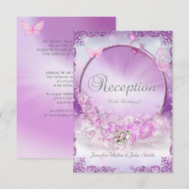 Invitación Boda de recepción Anillos Lilac rosados Mariposa (Anverso / Reverso)