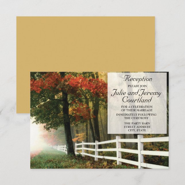 Invitación Boda de recepción con hojas de otoño y valla blanc (Anverso / Reverso)