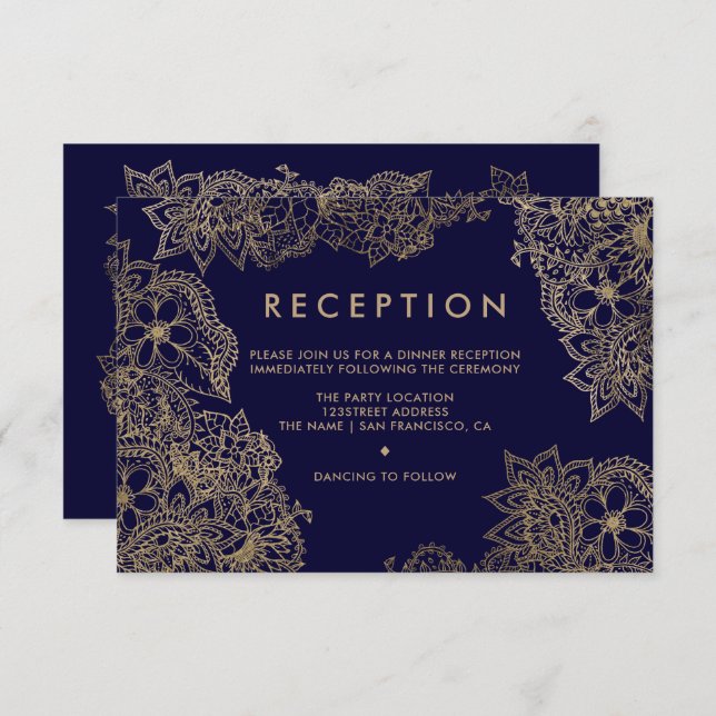 Invitación Boda de recepción de flores elegantes oro azul mar (Anverso / Reverso)