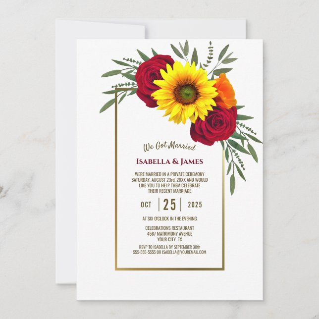 Invitación Boda de recepción de girasoles y rosas con marco d (Anverso)