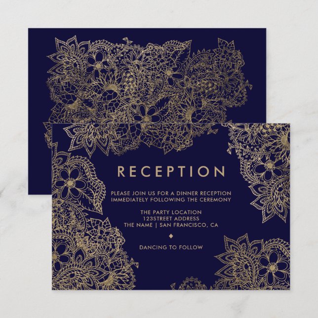 Invitación Boda de recepción floral elegante oro azul marino (Anverso / Reverso)
