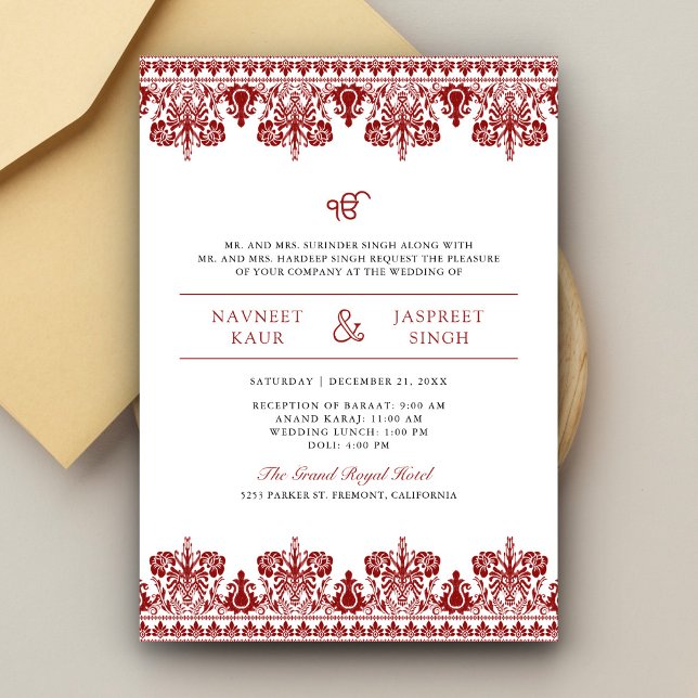 Invitación Boda de Red Damask Border Anand Karaj Sikh (Subido por el creador)