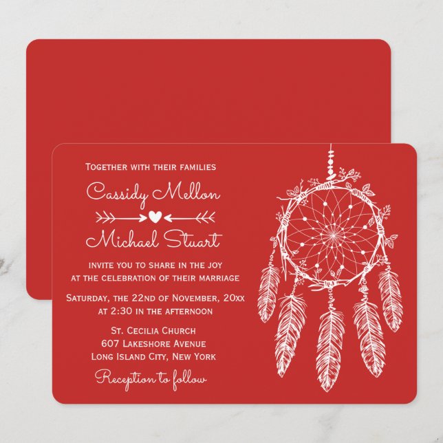 Invitación Boda de Red Native American Dream Catcher Boho (Anverso / Reverso)