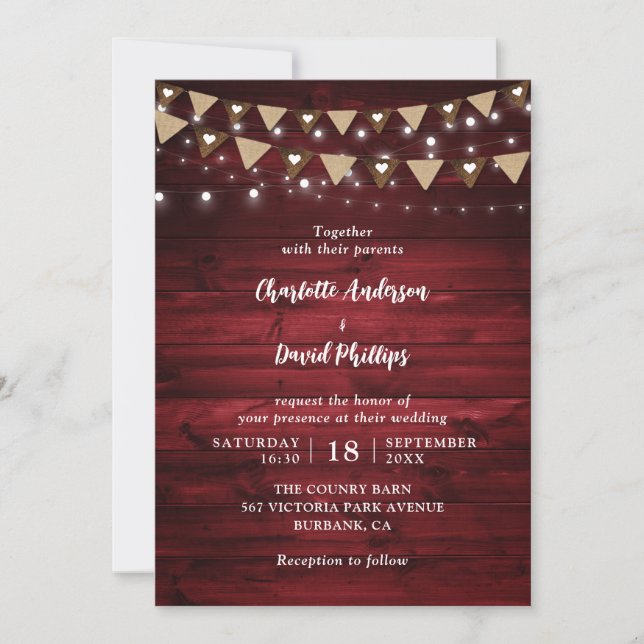 Invitación Boda de Red Rustic Country Wood String Lights (Anverso)