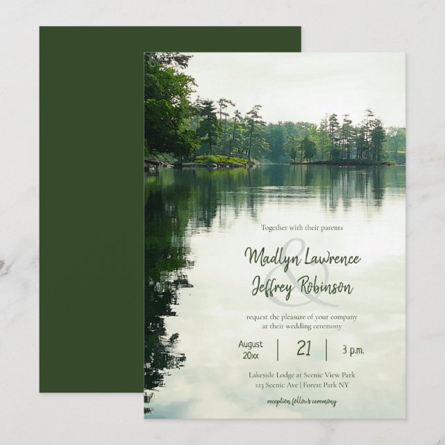 Invitación Boda de reflexión de evergreens al lado del lago r (Anverso / Reverso)