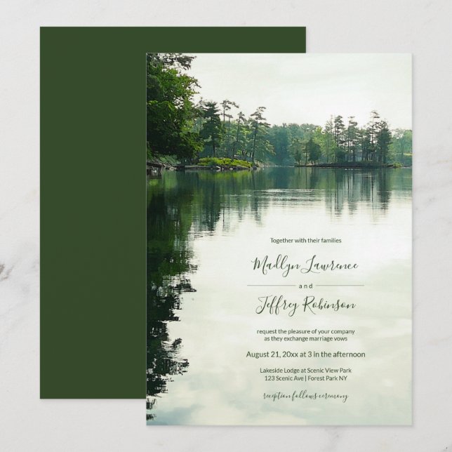 Invitación Boda de reflexión de evergreens al lado del lago r (Anverso / Reverso)