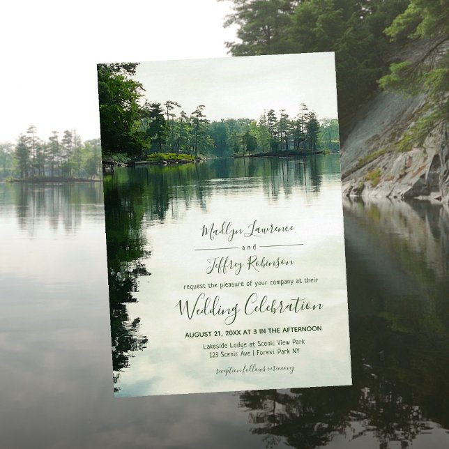 Invitación Boda de reflexión de evergreens al lado del lago r (Subido por el creador)