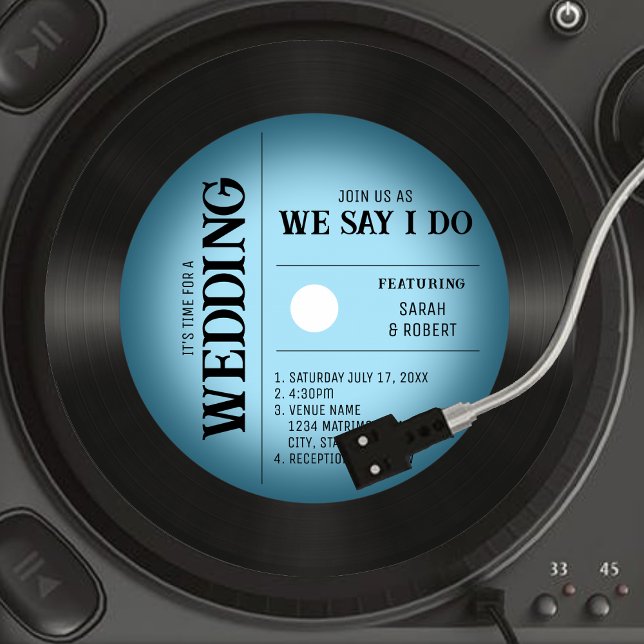 Invitación Boda de registro de vinilo azul retro (Retro Vintage Blue Vignette Vinyl Record Wedding Invitation)