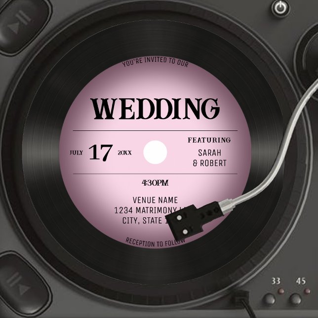 Invitación Boda de registro de vinilo rosado retro (Retro Vintage Pink Vignette Vinyl Record Wedding Invitation)