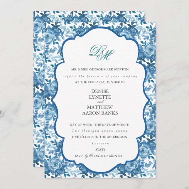 Invitación Boda de Rehearsal de Azúcar Girado y Azul Paracaid (Anverso / Reverso)