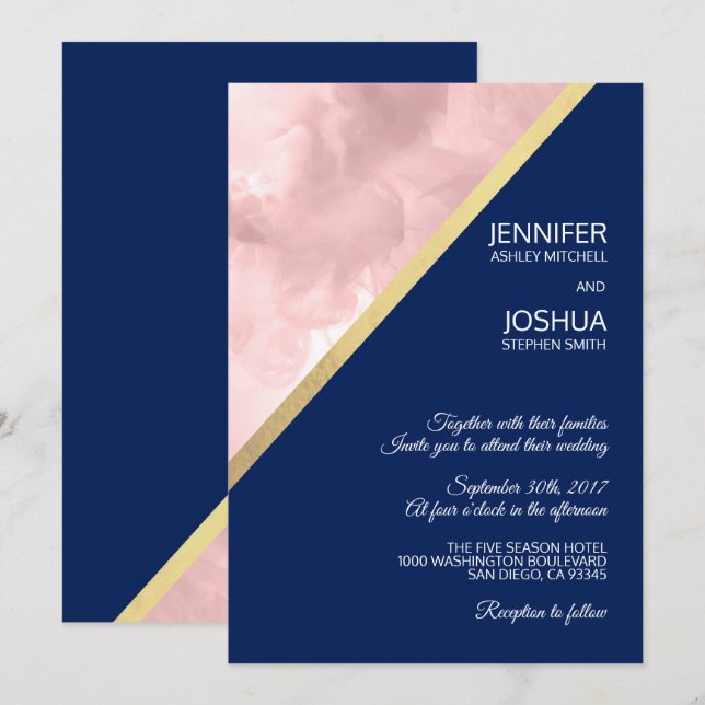 Invitación Boda de Relieve metalizado dorado azul de la Marin (Anverso / Reverso)