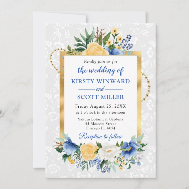 Invitación Boda de Relieve metalizado dorado de flores de ver (Anverso)