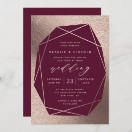 Invitación Boda de Relieve metalizado dorado de Rosa de vino 
