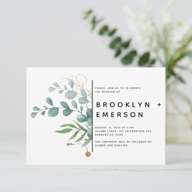 Invitación Boda de Relieve metalizado dorado Eucalyptus (Anverso de pie)