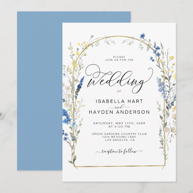 Invitación Boda de Relieve metalizado dorado Floral Flor Azul (Anverso / Reverso)