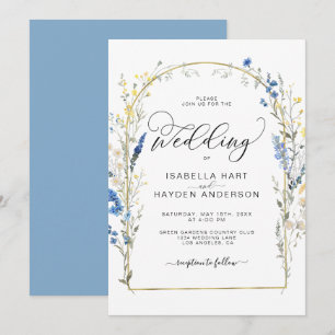 Invitación Boda de Relieve metalizado dorado Floral Flor Azul