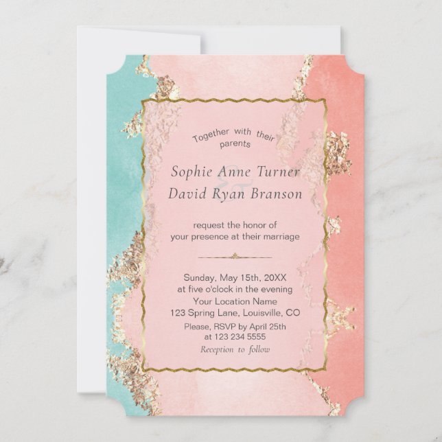 Invitación Boda de Relieve metalizado dorado Pastel Watercolo (Anverso)