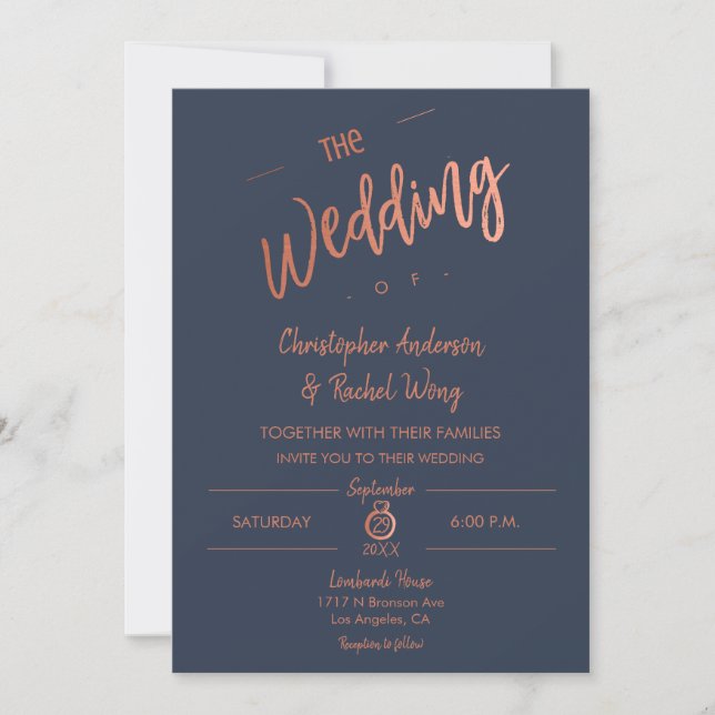 Invitación Boda de Relieve metalizado dorado Rosa de guiones  (Anverso)
