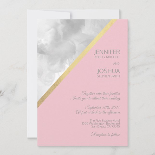 Invitación Boda de Relieve metalizado dorado rosa Rubor gris  (Anverso)