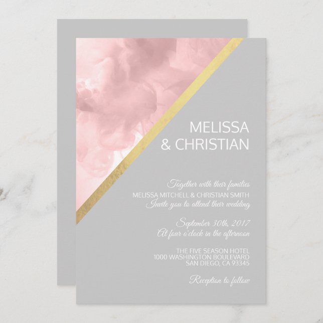 Invitación Boda de Relieve metalizado dorado rosa y gris de c (Anverso / Reverso)