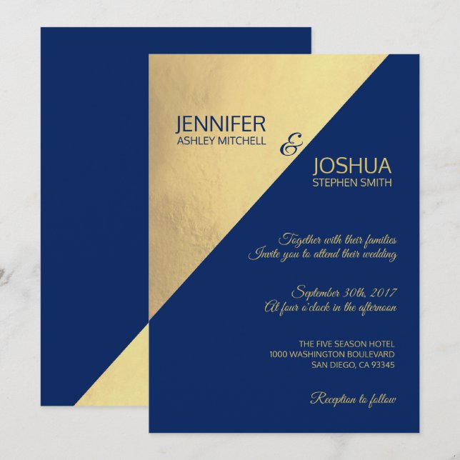 Invitación Boda de Relieve metalizado dorado y azul de la mar (Anverso / Reverso)