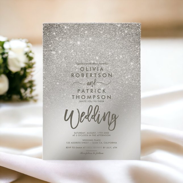 Invitación Boda de Relieve metalizado metálico oscuro purpuri (Silver ivory glitter ombre metallic foil wedding invitation)