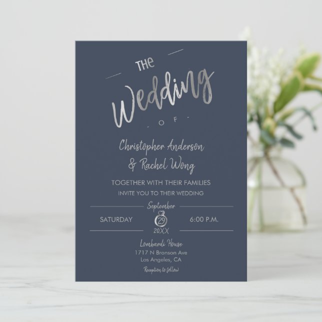 Invitación Boda de Relieve metalizado plateado de guiones sen (Anverso de pie)