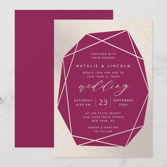 Invitación Boda de Relieve metalizado rosa de Gemstone y Cham (Anverso / Reverso)