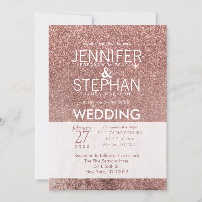 Invitación Boda de Relieve metalizado Rosa  Purpurina de oro  (Anverso)