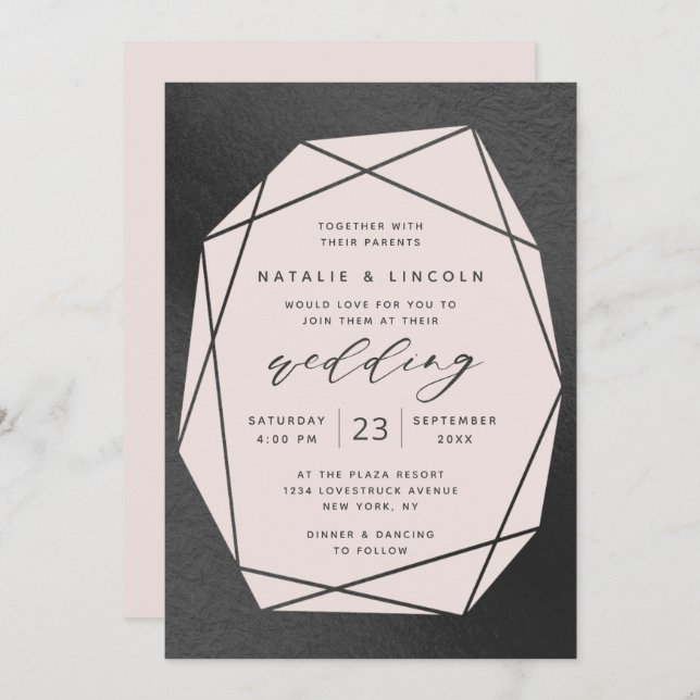 Invitación Boda de Relieve metalizado rosa y negro de Gemston (Anverso / Reverso)