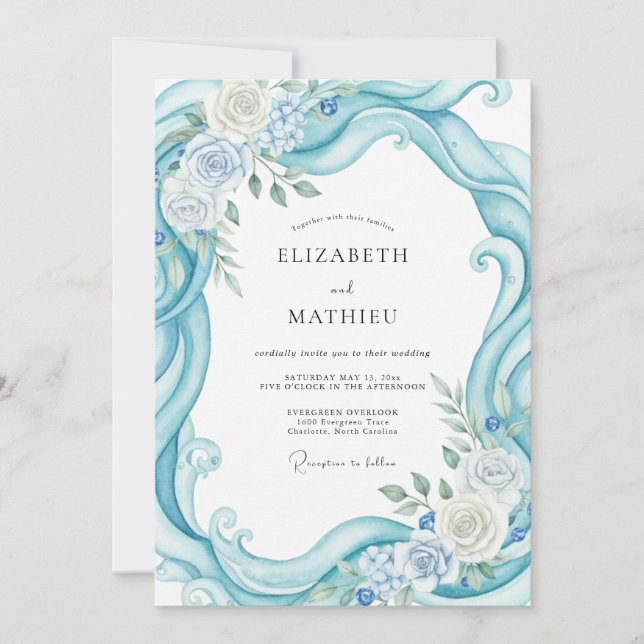 Invitación Boda de remolino de hoja de aqua (Anverso)