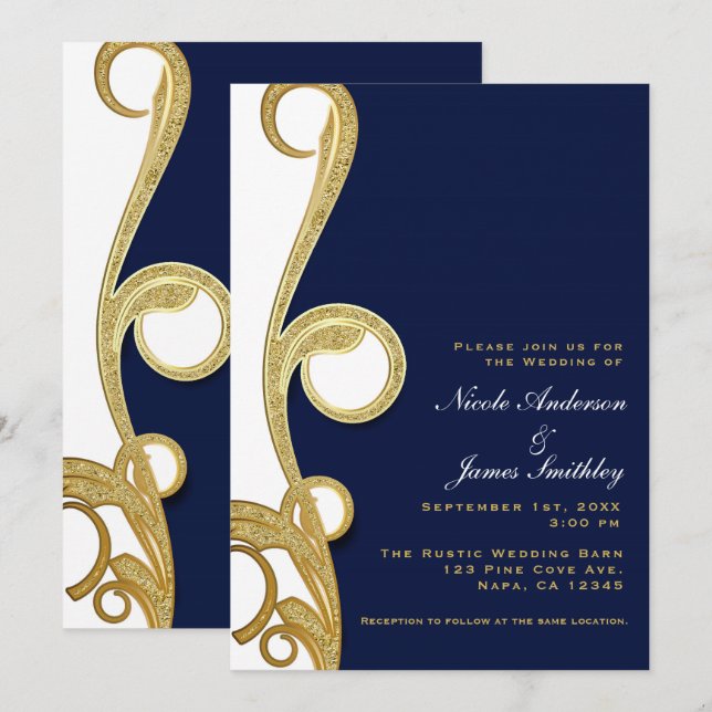 Invitación Boda de remolino elegante chic azul marino oro bla (Anverso / Reverso)