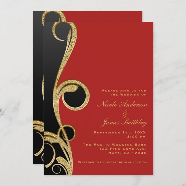 Invitación Boda de remolino elegante glam moderno rojo negro  (Anverso / Reverso)