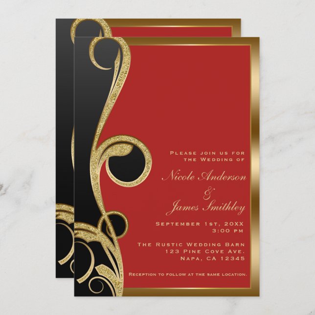 Invitación Boda de remolino elegante y moderno rojo negro y d (Anverso / Reverso)