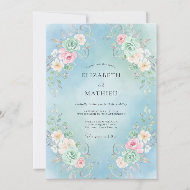 Invitación Boda de Remolino Floral Azul Cielo (Anverso)