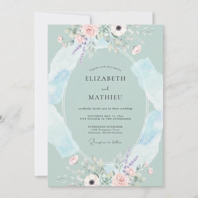 Invitación Boda de remolino floral de menta (Anverso)