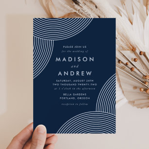 Invitación Boda de remolino geométrico azul marino y azul cla