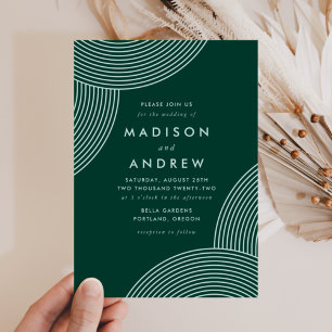 Invitación Boda de remolino geométrico verde oscuro y menta