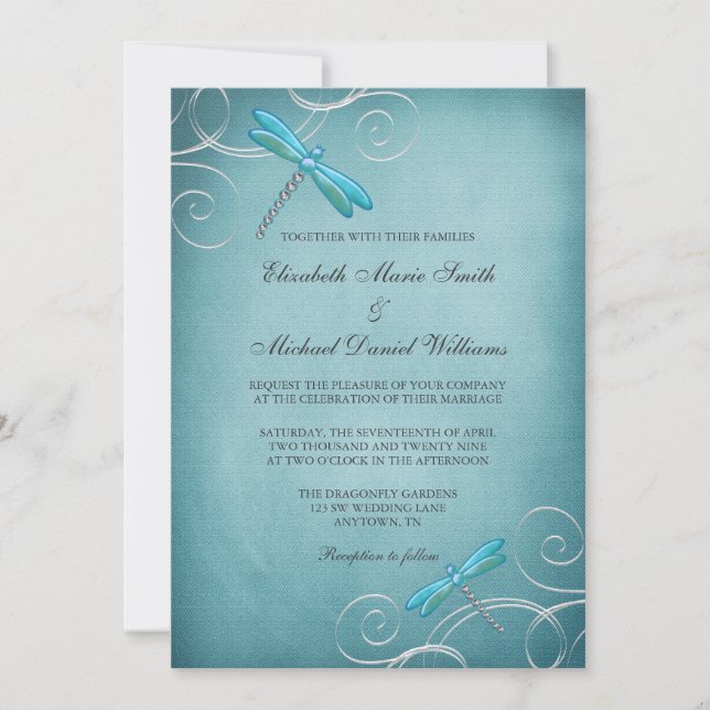 Invitación Boda de Remolinos de Libélula Azul Verde (Anverso)