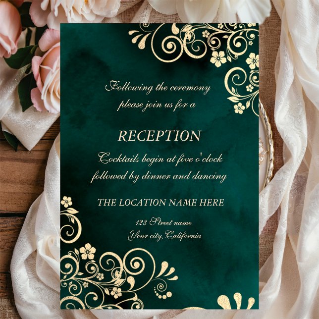 Invitación Boda de remolinos de oro verde esmeralda (Subido por el creador)