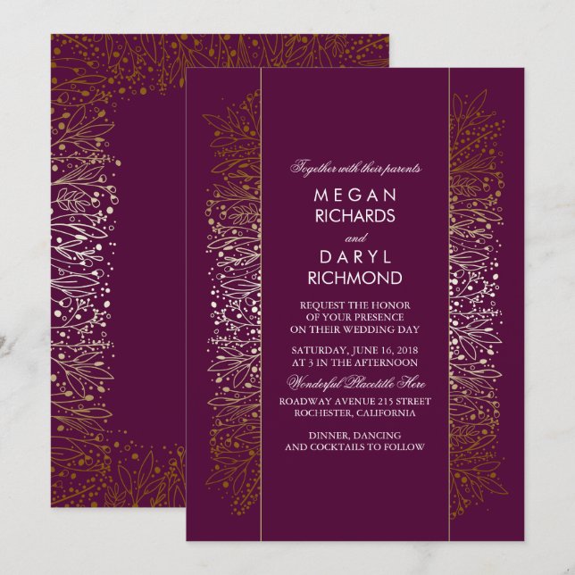 Invitación Boda de respiración del bebé dorado y ciruela vent (Anverso / Reverso)